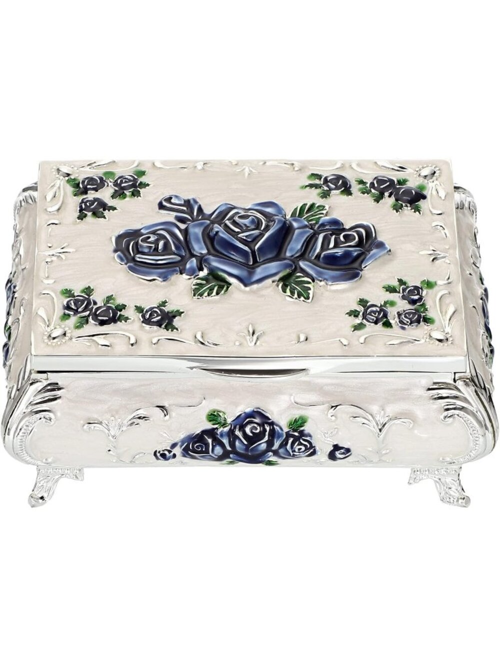 Vintage Small Metal White Trinket Case Engraved Jewelry Storage Box For Necklace